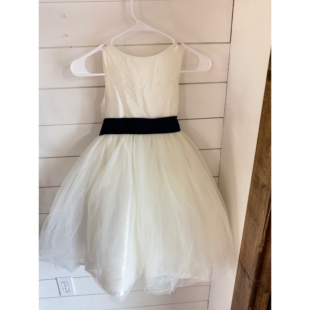 Davids Bridal Ivory Tulle Flower Girl Dress Navy Bow Back Size 7‎